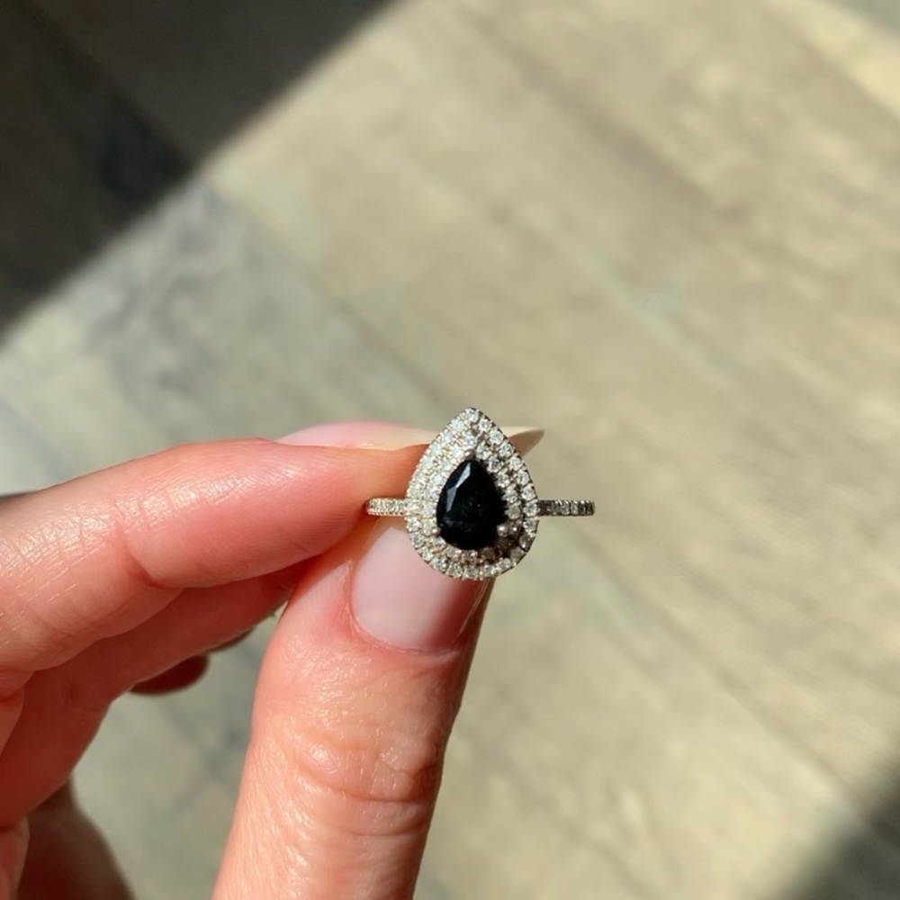 1cttw Pear Shape Black Onyx & Double Halo Diamond Ring In Sterling Silver, SZ 5